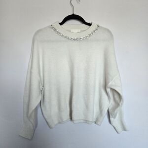 H&M White Sweater with Embellished Neckline